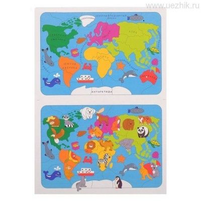 Мозаика "Карта мира", 82 детали (из них 20 зверей) 