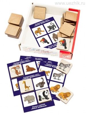 Лото Дикие животные (24 деревянных фишки + 6 карточек) 