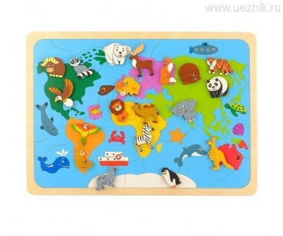 Мозаика "Карта мира", 82 детали (из них 20 зверей) 