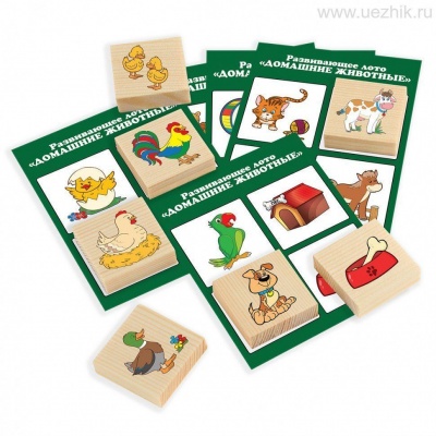 Лото Домашние животные (24 деревянных фишки + 6 карточек) 